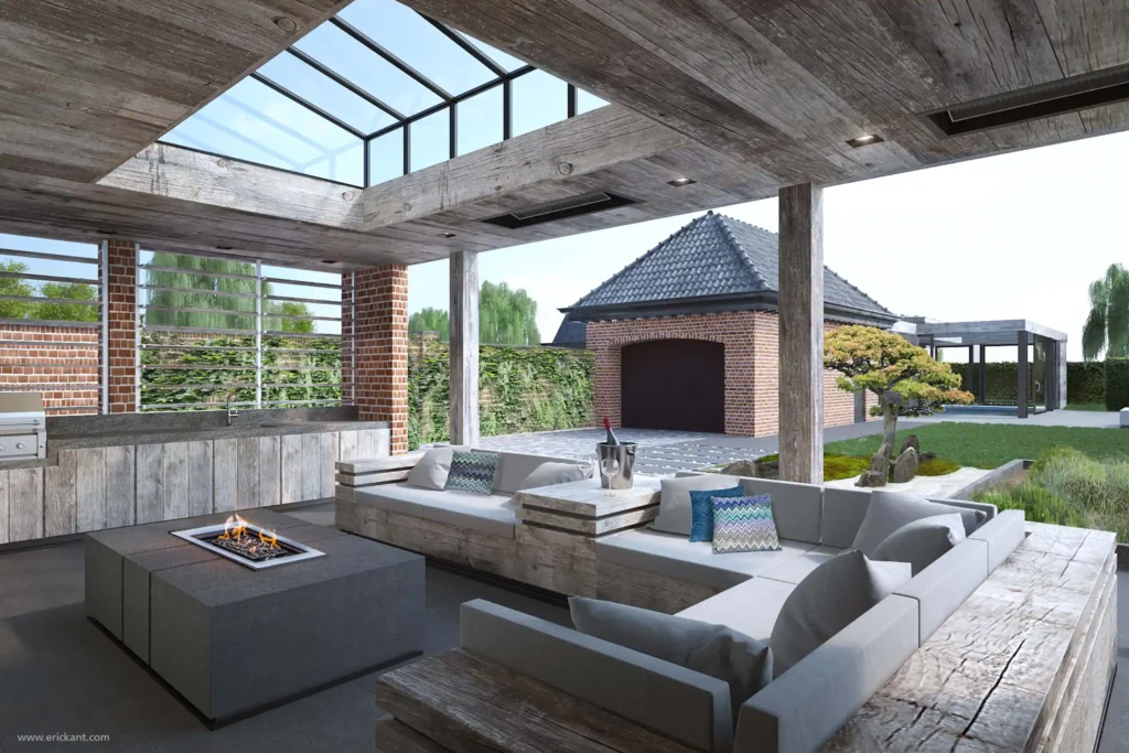 Exclusieve overdekte buitenlounge in het Wellness Poolhouse project door ERIC KANT met een robuuste houten zithoek, een moderne vuurtafel, een glazen daksegment en een buitenkeuken.