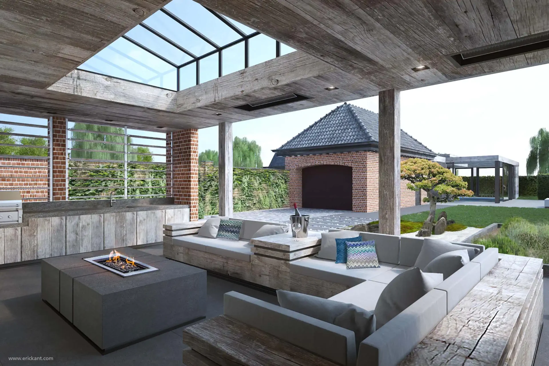 Exclusieve overdekte buitenlounge in het Wellness Poolhouse project door ERIC KANT met een robuuste houten zithoek, een moderne vuurtafel, een glazen daksegment en een buitenkeuken.