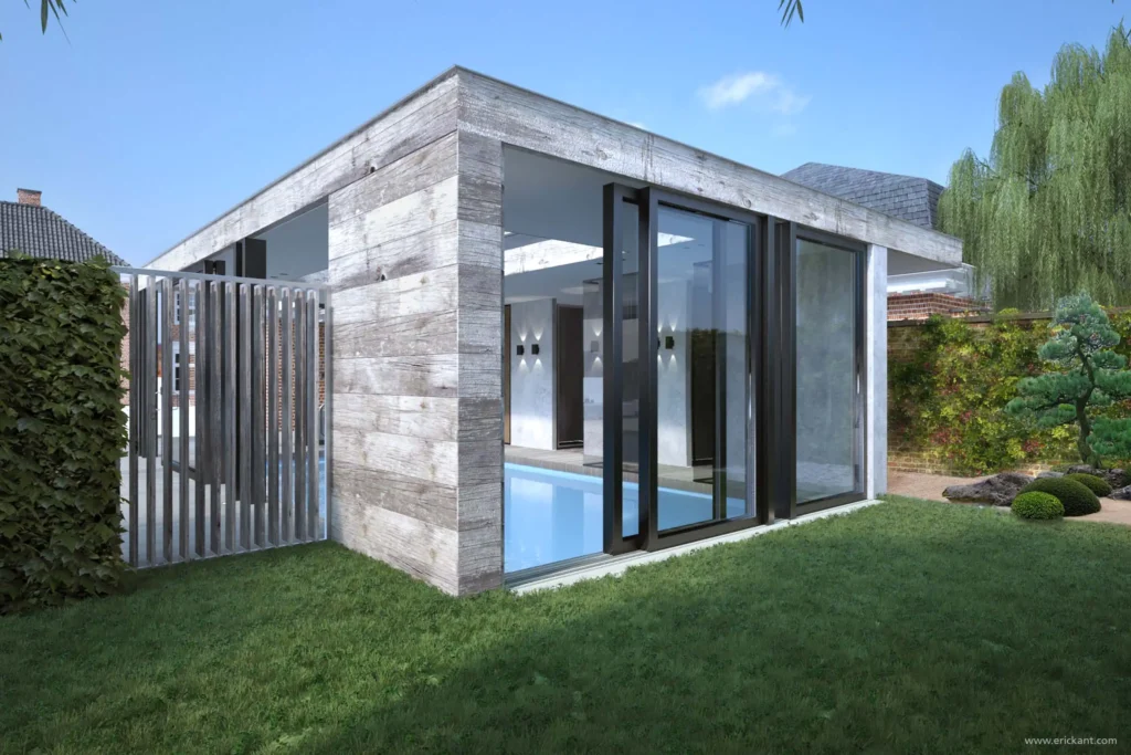 Modern exterieur van de Wellness Poolhouse door ERIC KANT met een binnen-buitenzwembad, grote glazen schuifpuien, gevels van verweerd hout, een jacuzzi en een strak houten terras.