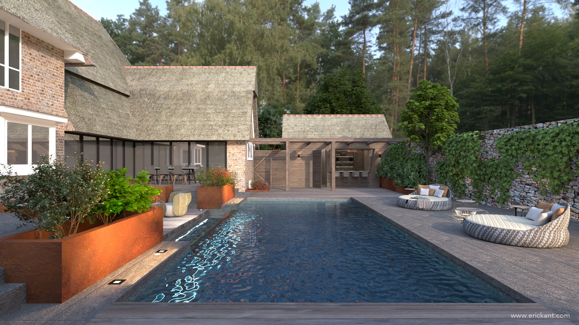 High-end tuinontwerp van project Family Escape met een groot zwembad, rietgedekte villa, poolhouse met bar, Cortenstalen plantenbakken en luxe lounge-eilanden door ERIC KANT.