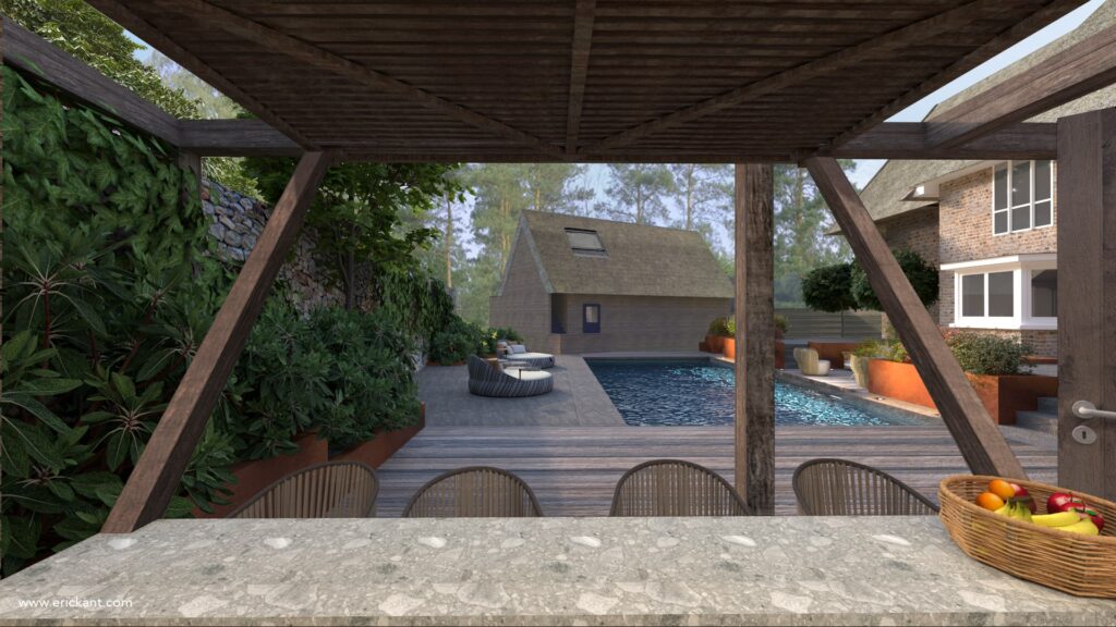 Perspectief vanuit een luxe houten buitenbar met natuurstenen blad over het zwembad en terras van project Family Escape door ERIC KANT.