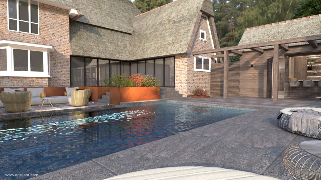 High-end tuinontwerp van project Family Escape met een groot zwembad, rietgedekte villa, open poolhouse met bar, Cortenstalen plantenbakken en een groene bosrand door ERIC KANT.