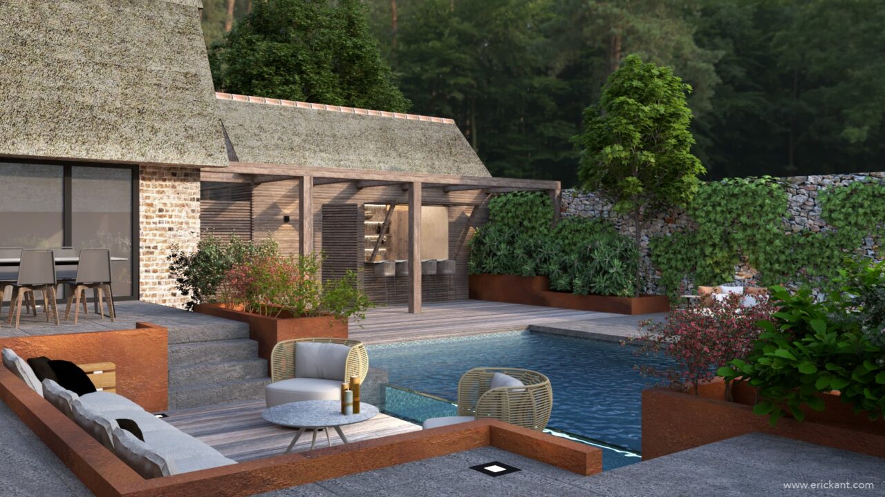 High-end tuinontwerp van project Family Escape met een verzonken zithoek, Cortenstalen plantenbakken, houten vlonder en een modern poolhouse door ERIC KANT.