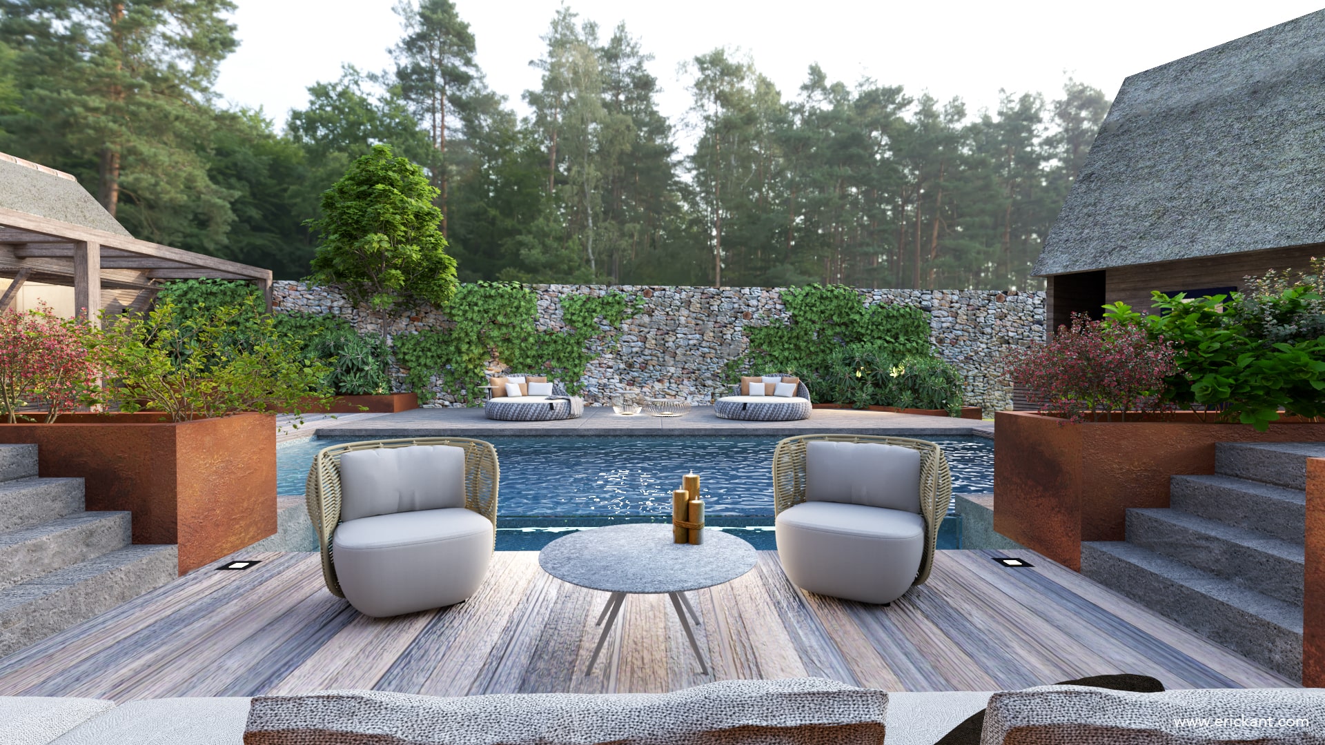 High-end tuinontwerp van project Family Escape met een verlicht zwembad, luxe poolhouse met bar, Cortenstalen elementen en een rietgedekte villa door ERIC KANT.