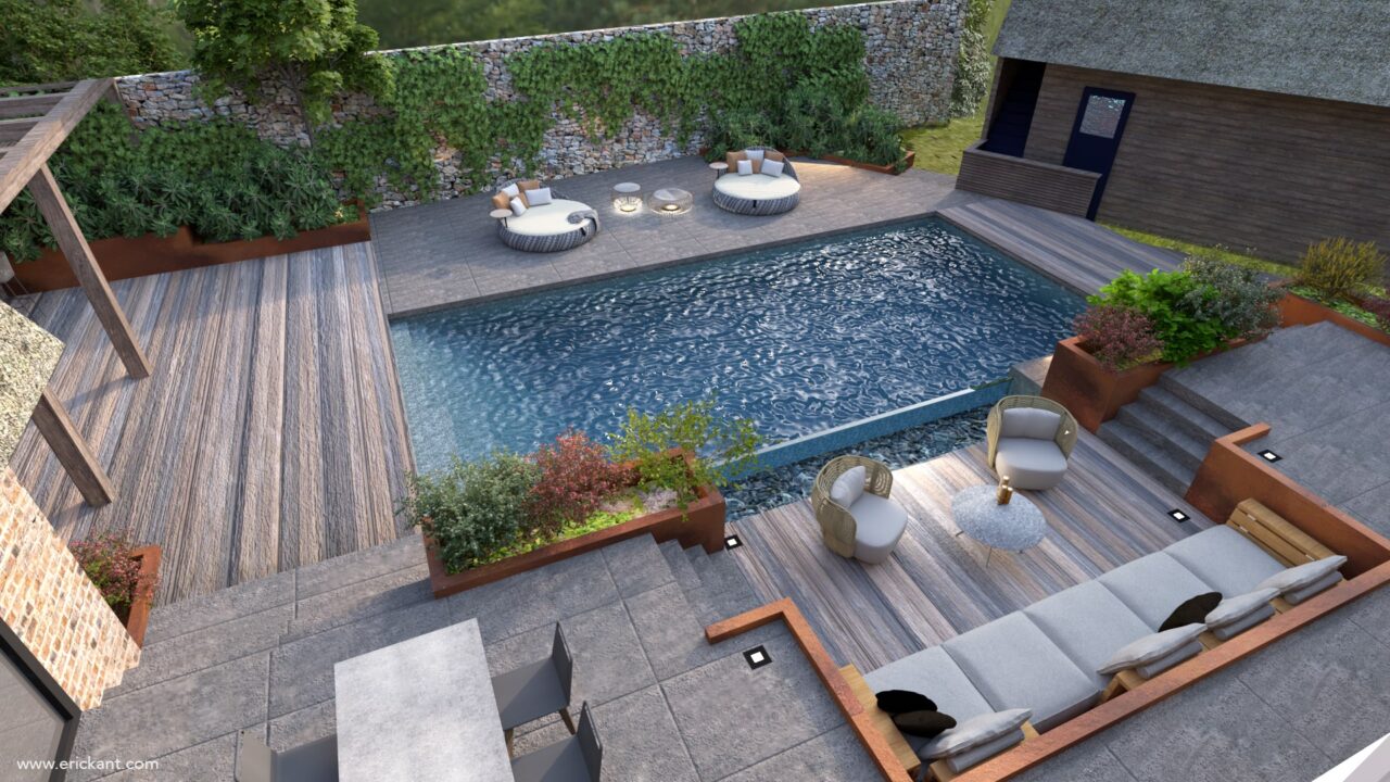 Bovenaanzicht van het high-end tuinontwerp project Family Escape met zwembad, verzonken loungehoek, eethoek, houten vlonders en Cortenstalen plantenbakken door ERIC KANT.