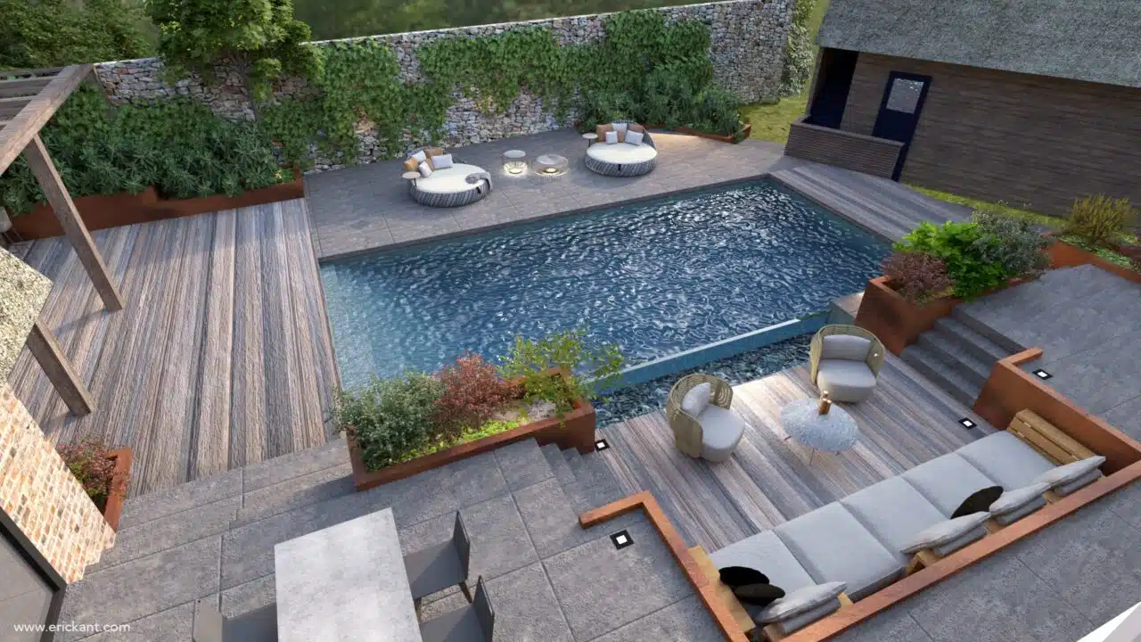 Bovenaanzicht van het high-end tuinontwerp project Family Escape met zwembad, verzonken loungehoek, eethoek, houten vlonders en Cortenstalen plantenbakken door ERIC KANT.