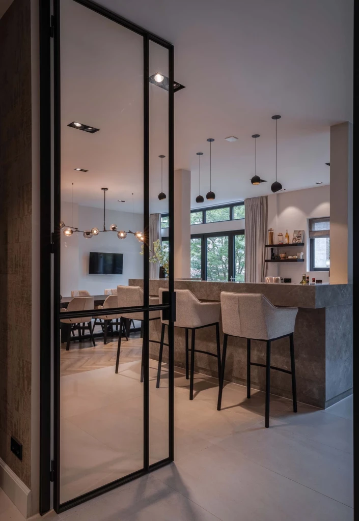 High-end interieur van de Modern Townhouse Amsterdam met zwarte stalen taatsdeuren, een marmeren keukenbar met luxe barkrukken en zicht op de eethoek door ERIC KANT.