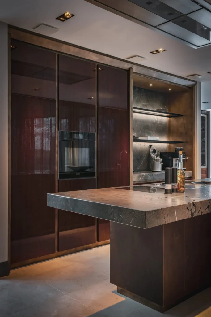 Detail van de keuken in de Modern Classic Villa met hoogglans mahoniehouten kasten, een ingebouwde Miele oven, een robuust natuurstenen eiland en een verlichte nis door ERIC KANT.