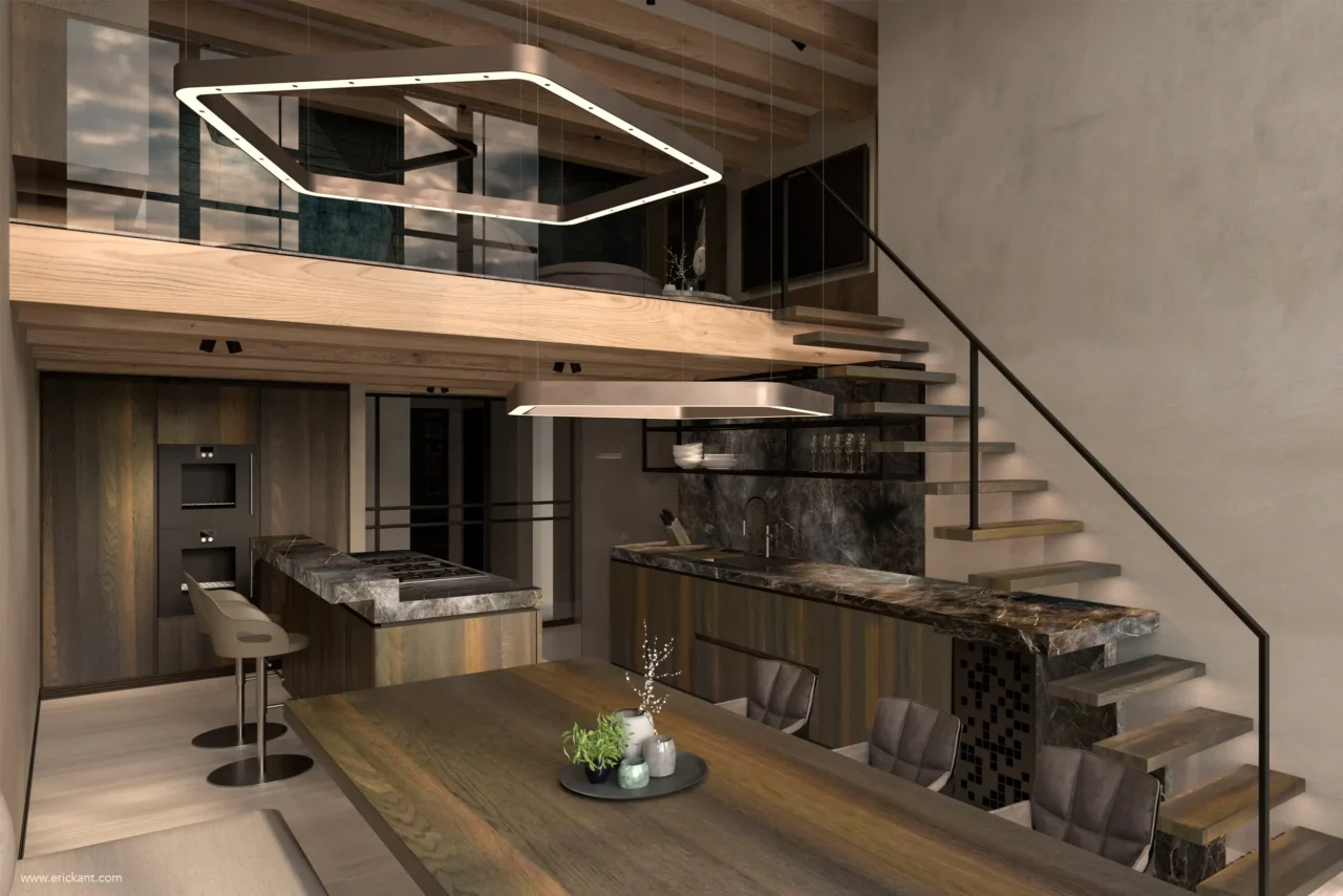 High-end interieur van een grachtenpand in Amsterdam met Henge verlichting, Giorgetti barkrukken en Baxter eetkamerstoelen door ERIC KANT.