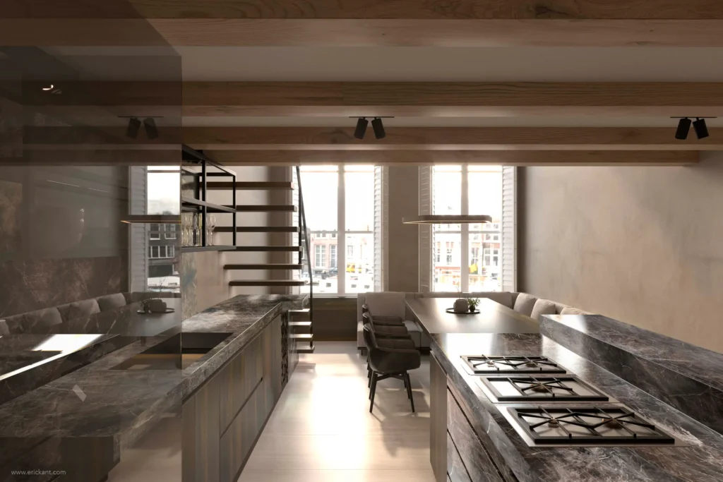 Exclusief keukenontwerp in een Amsterdams grachtenpand met marmeren werkbladen, eikenhouten balken en uitzicht op de gracht door ERIC KANT.