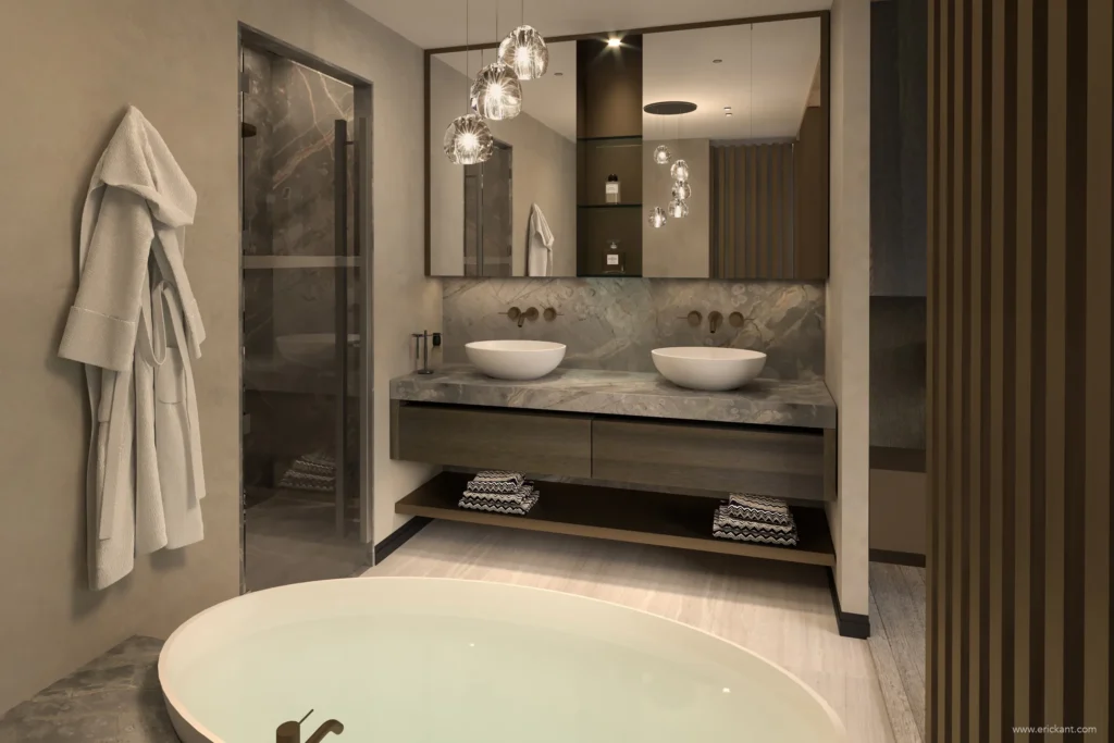 High-end badkamerdesign in een Amsterdams grachtenpand met marmeren wastafel, rond ligbad en glazen hanglampen door ERIC KANT.