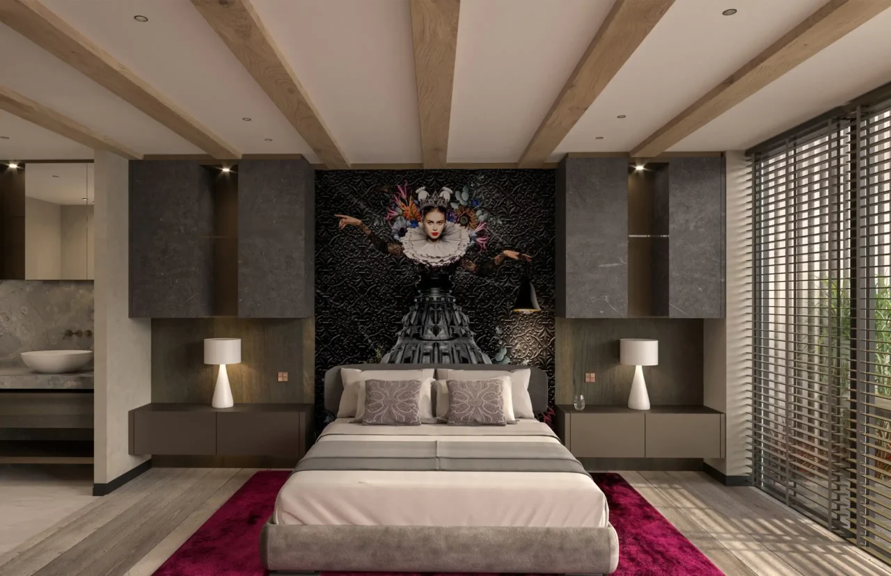 High-end slaapkamer design in een Amsterdams grachtenpand met kunstwand, maatwerk kasten en eikenhouten balken door ERIC KANT.