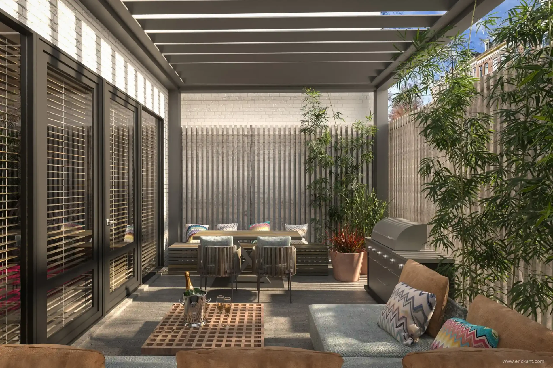 High-end dakterras en patio design in Amsterdam met lamellen overkapping, buitenkeuken en loungehoek door ERIC KANT.