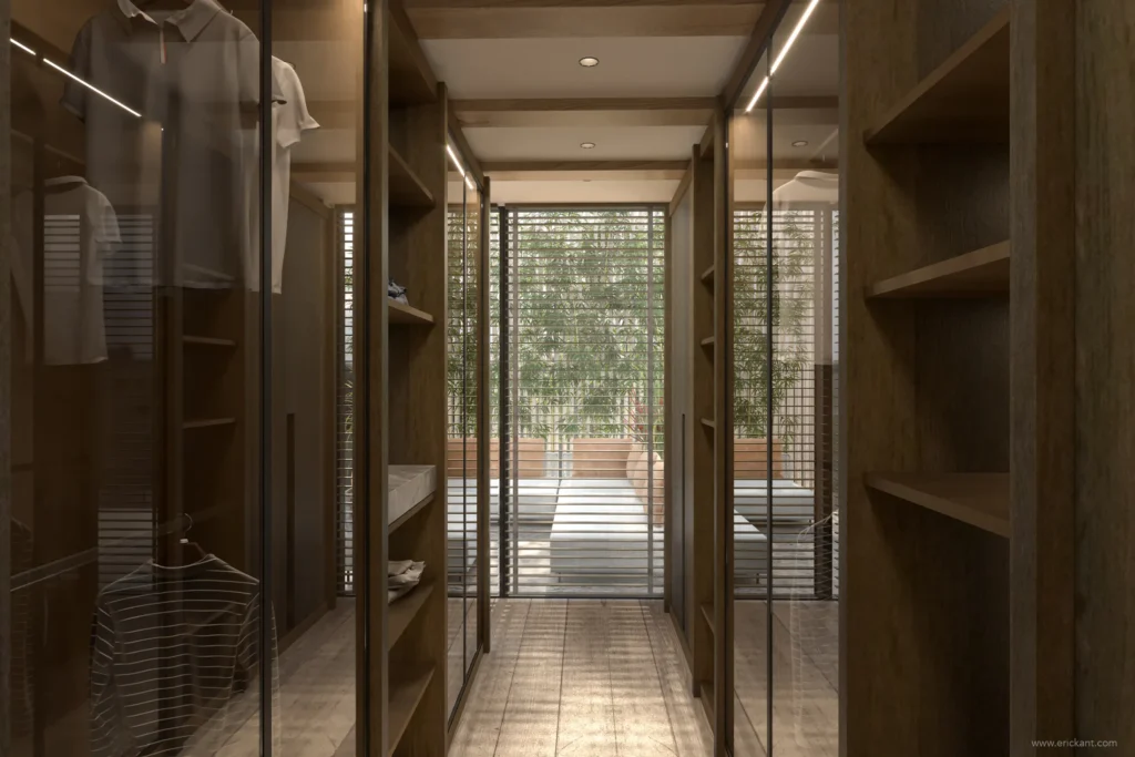 High-end inloopkast in een Amsterdams grachtenpand met glazen deuren, geïntegreerde led-verlichting en uitzicht op de patio door ERIC KANT.