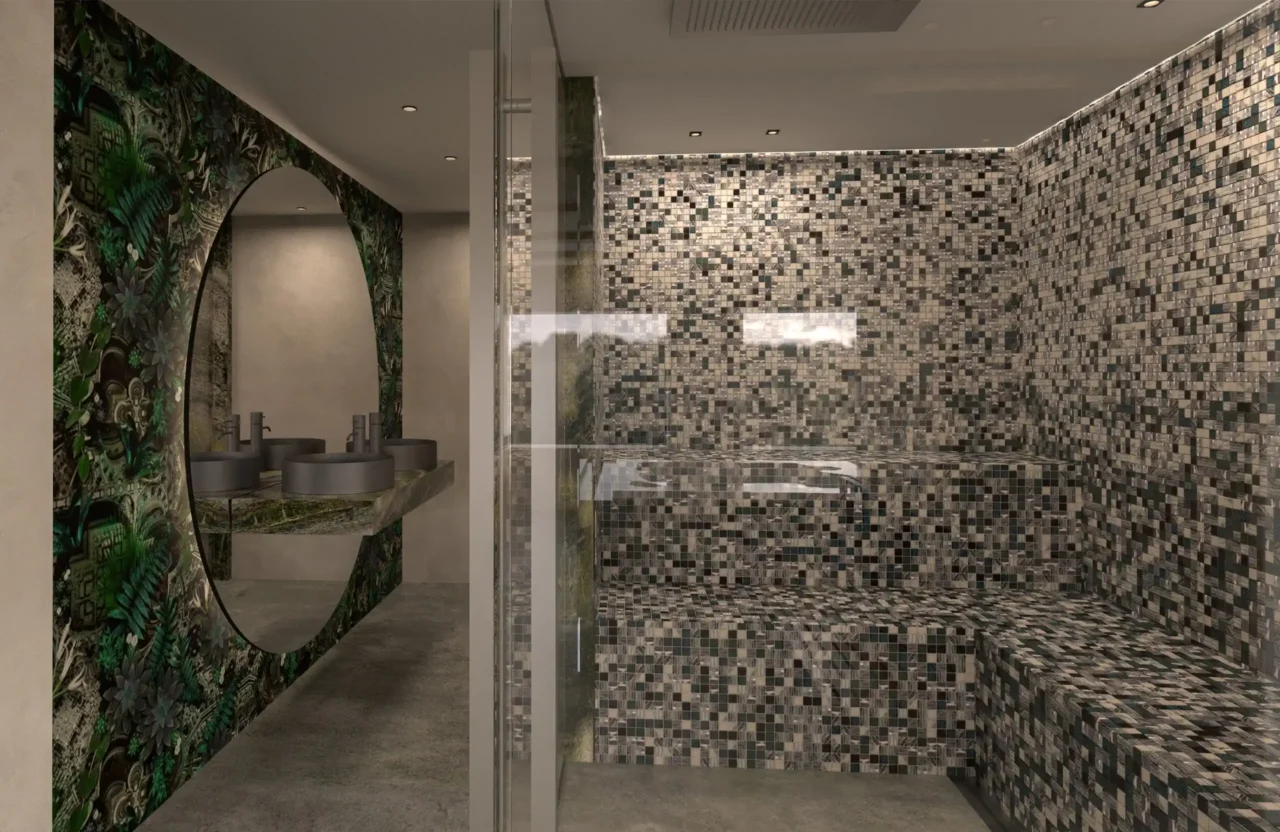 High-end privé wellness met mozaïek hamam, marmeren wastafel en botanische wandafwerking in een Amsterdams grachtenpand door ERIC KANT.
