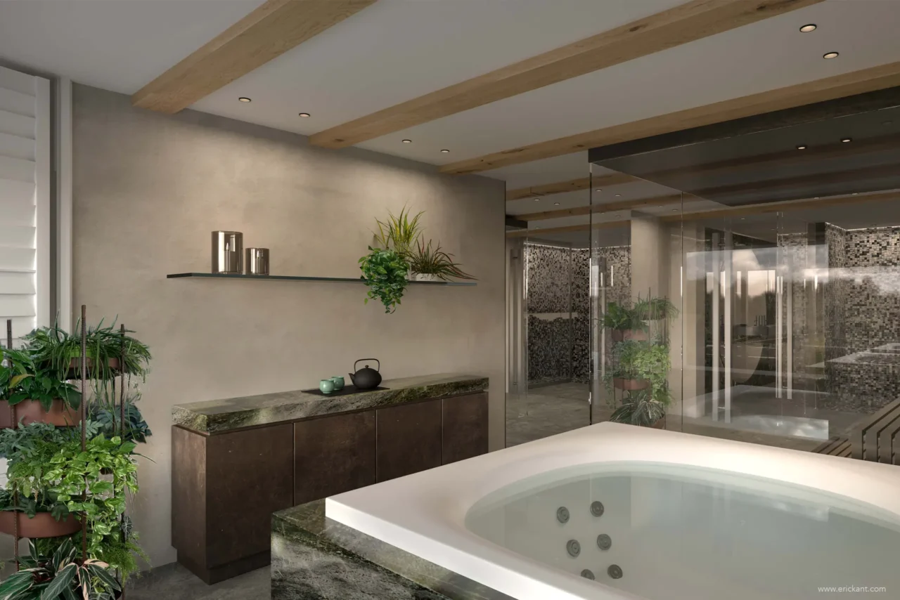 High-end privé wellness in een Amsterdams grachtenpand met inbouwjacuzzi, marmeren afwerking en botanische accenten door ERIC KANT.