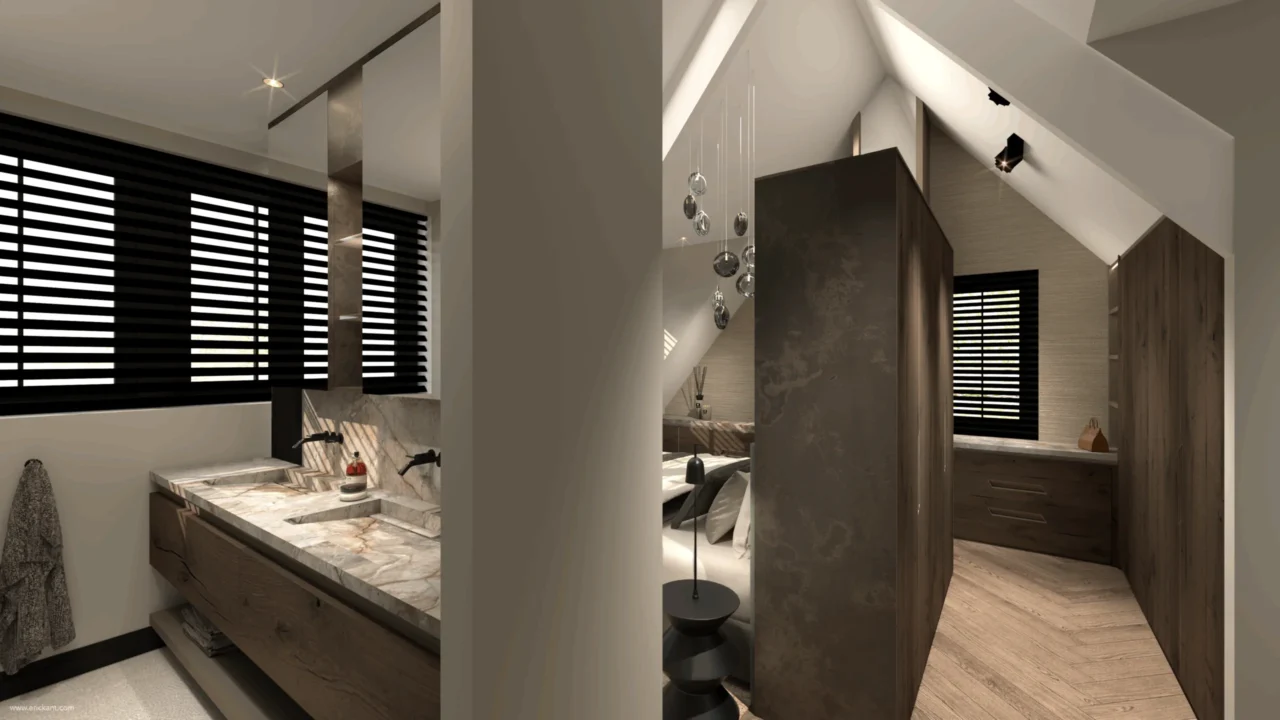 High-end badkamer en suite in project Countryside Villa met marmeren wastafel, eikenhouten maatwerk kasten en visgraatvloer onder een schuin dak door ERIC KANT.