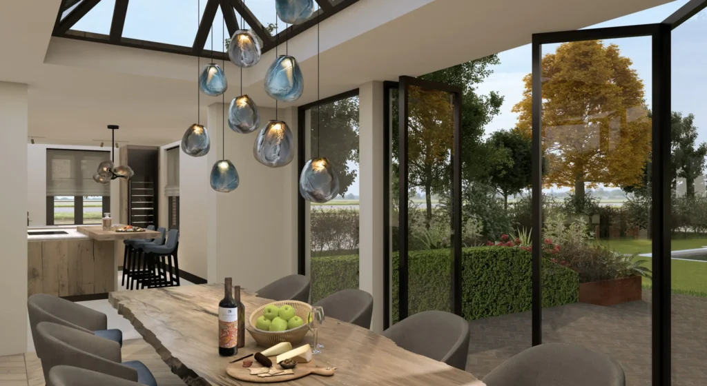 High-end eetkamer in project Countryside Villa met een massief houten boomstamtafel, blauwe glazen hanglampen en een glazen serre met uitzicht op de tuin door ERIC KANT.