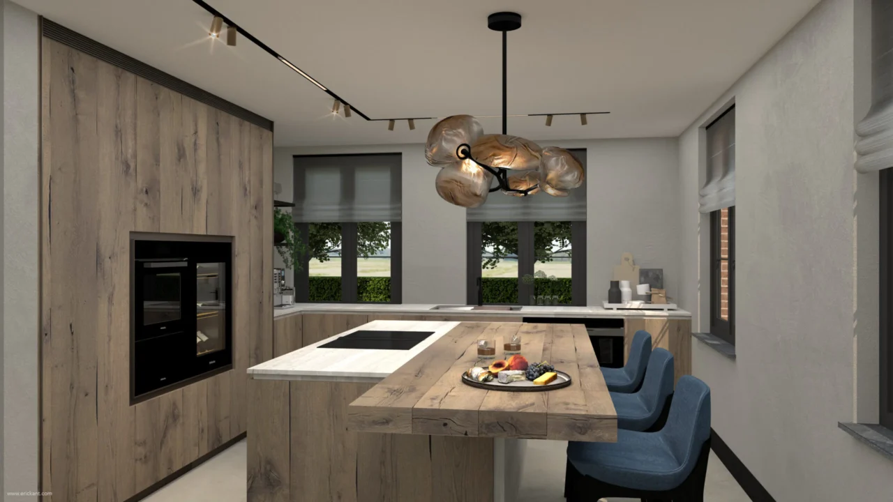 High-end woonkeuken in project Countryside Villa met een eikenhouten kastenwand, een marmeren kookeiland met massief houten bar en blauwe design barkrukken door ERIC KANT.