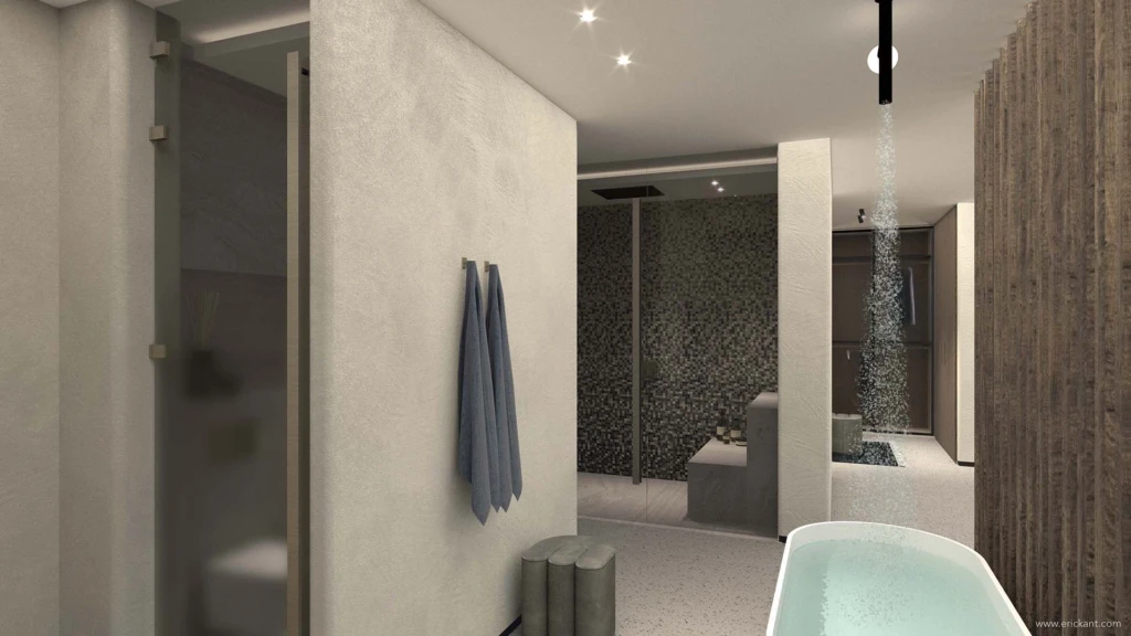 High-end badkamer in project Countryside Villa met een inloopdouche in natuursteen, mozaïek nis, vrijstaand wit bad en zwarte kranen door ERIC KANT.