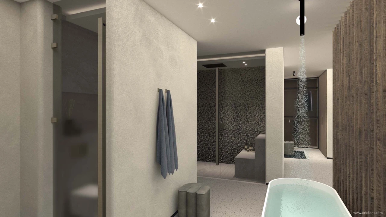 High-end badkamer in project Countryside Villa met een inloopdouche in natuursteen, mozaïek nis, vrijstaand wit bad en zwarte kranen door ERIC KANT.