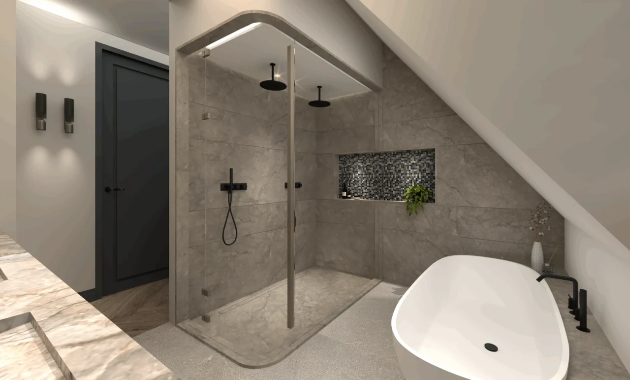 High-end badkamer in project Countryside Villa met een inloopdouche in natuursteen, mozaïek nis, vrijstaand wit bad en zwarte kranen door ERIC KANT.