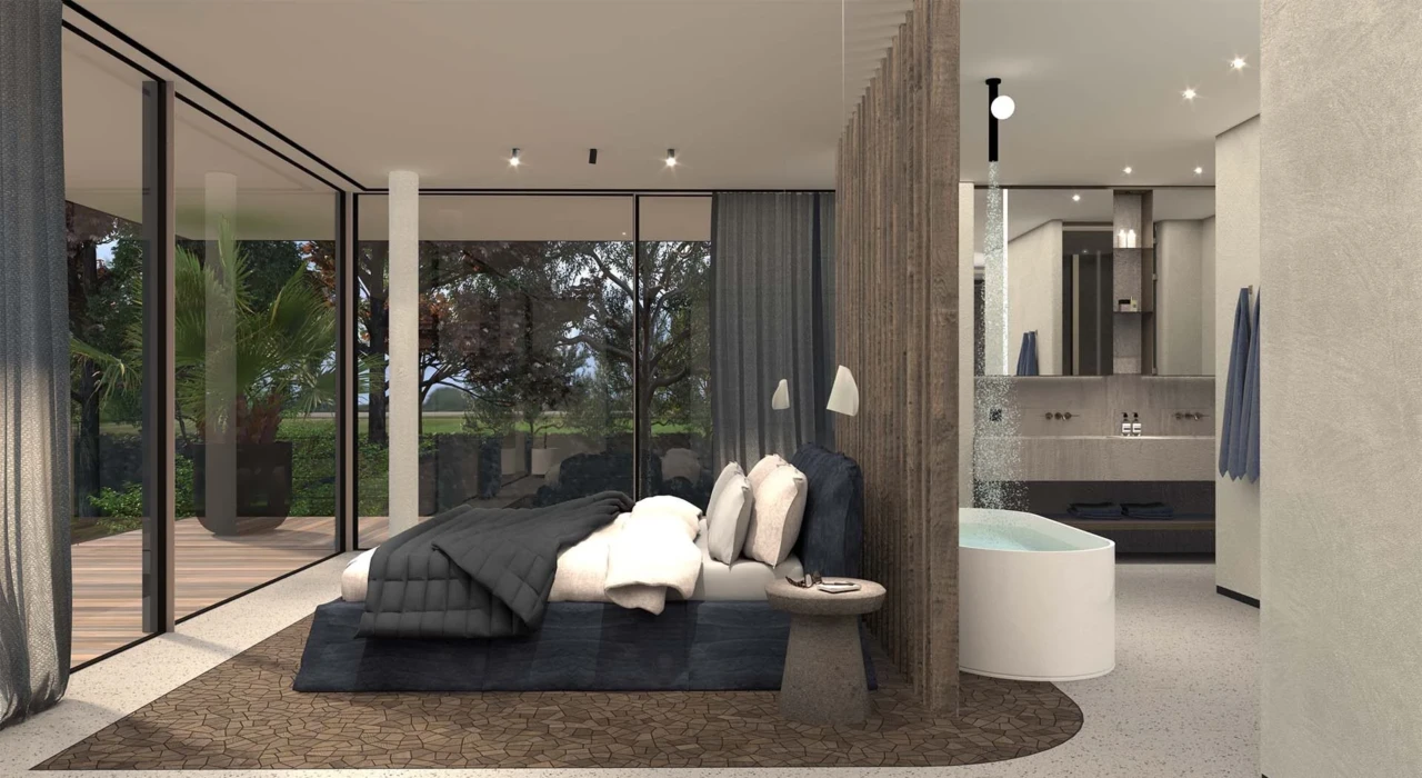 High-end master bedroom in project Countryside Villa met een kamerhoog eikenhouten hoofdbord, glazen hanglampen, zwarte shutters en een visgraatvloer door ERIC KANT.