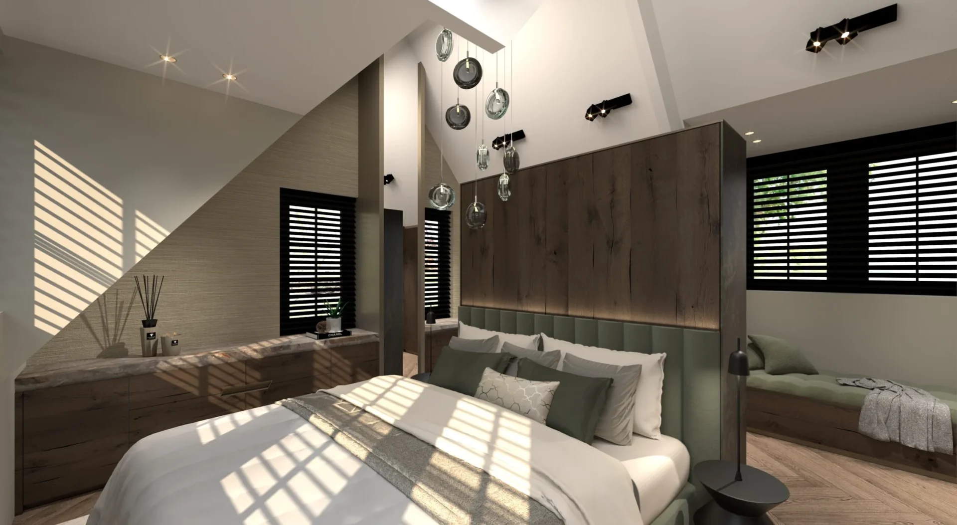 High-end master bedroom in project Countryside Villa met een kamerhoog eikenhouten hoofdbord, glazen hanglampen, zwarte shutters en een visgraatvloer door ERIC KANT.