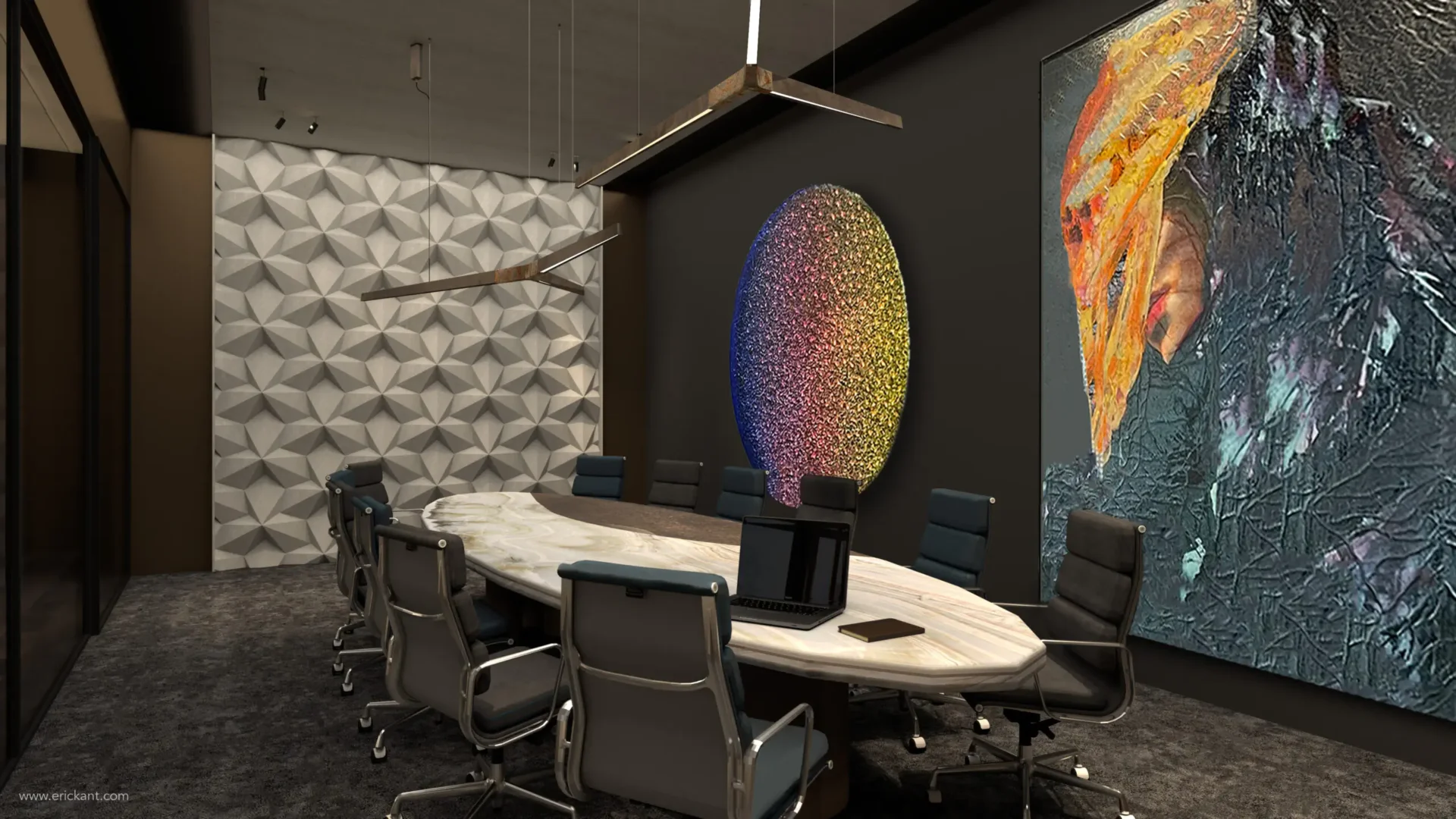 High-end vergaderruimte ontworpen door ERIC KANT met een marmeren vergadertafel, 3D geometrische wandpanelen, kleurrijke moderne kunst en luxe lederen bureaustuilen.