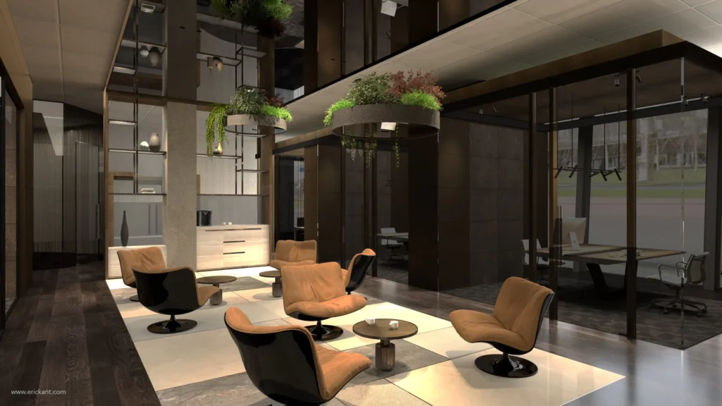 High-end kantoorinterieur met een centrale lounge voorzien van cognac lederen fauteuils, hangende plantenbakken, glazen kantoorwanden en een donker spiegelplafond door ERIC KANT.