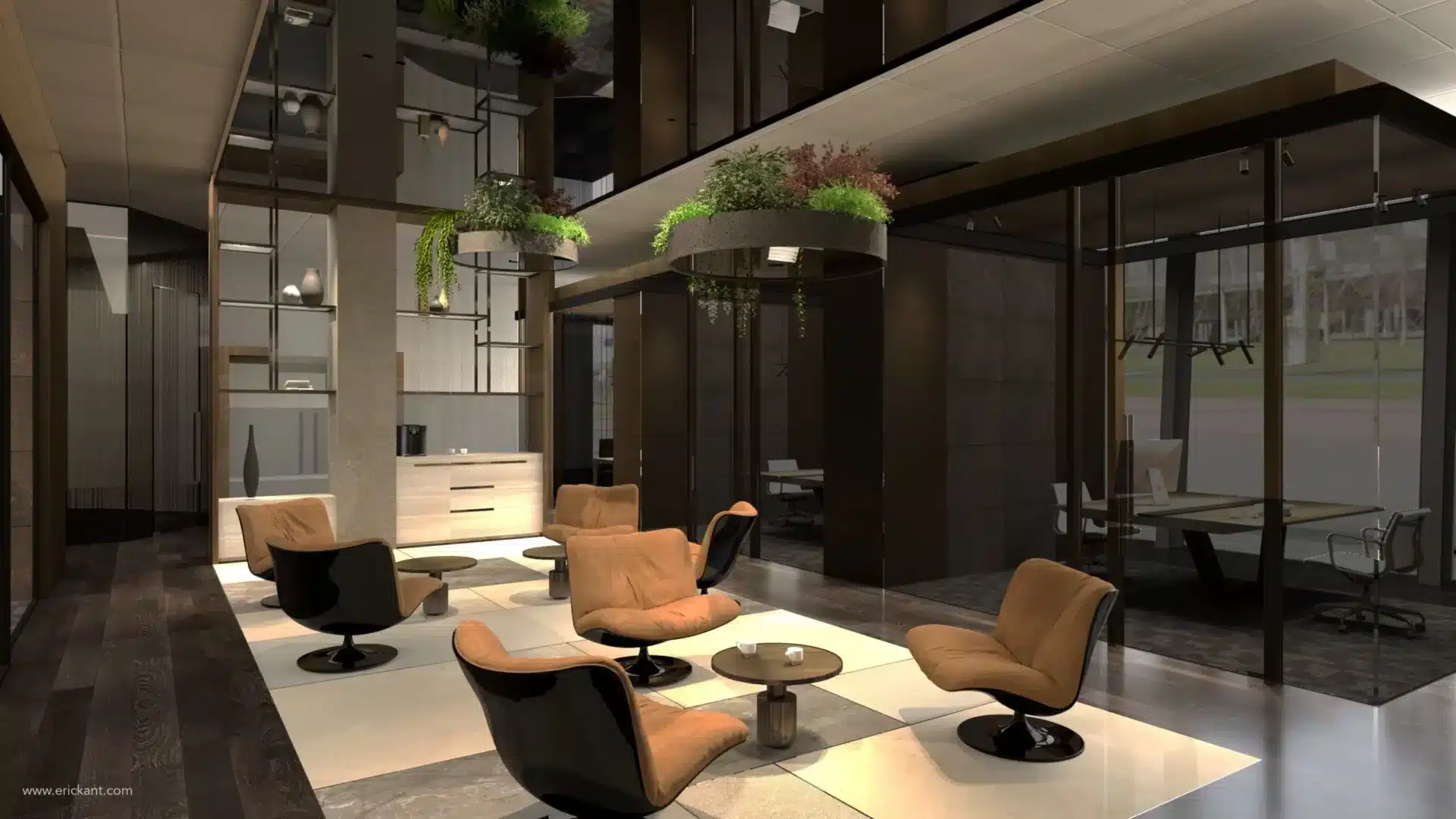 High-end kantoorinterieur met een centrale lounge voorzien van cognac lederen fauteuils, hangende plantenbakken, glazen kantoorwanden en een donker spiegelplafond door ERIC KANT.