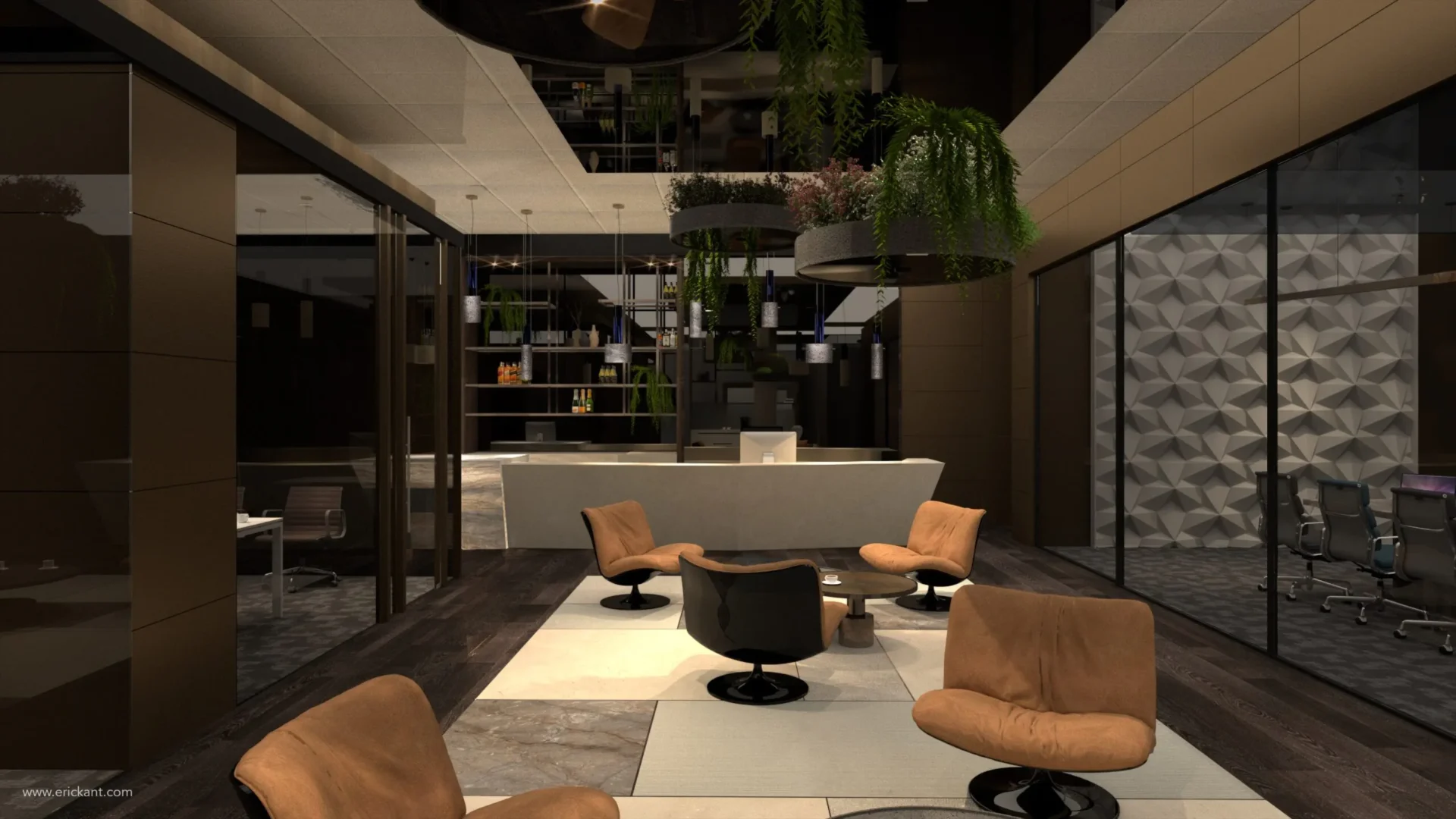 Luxe ontvangsthal van een kantoor met een minimalistische balie, hangende planten, een verlichte bar op de achtergrond en 3D wandpanelen door ERIC KANT.