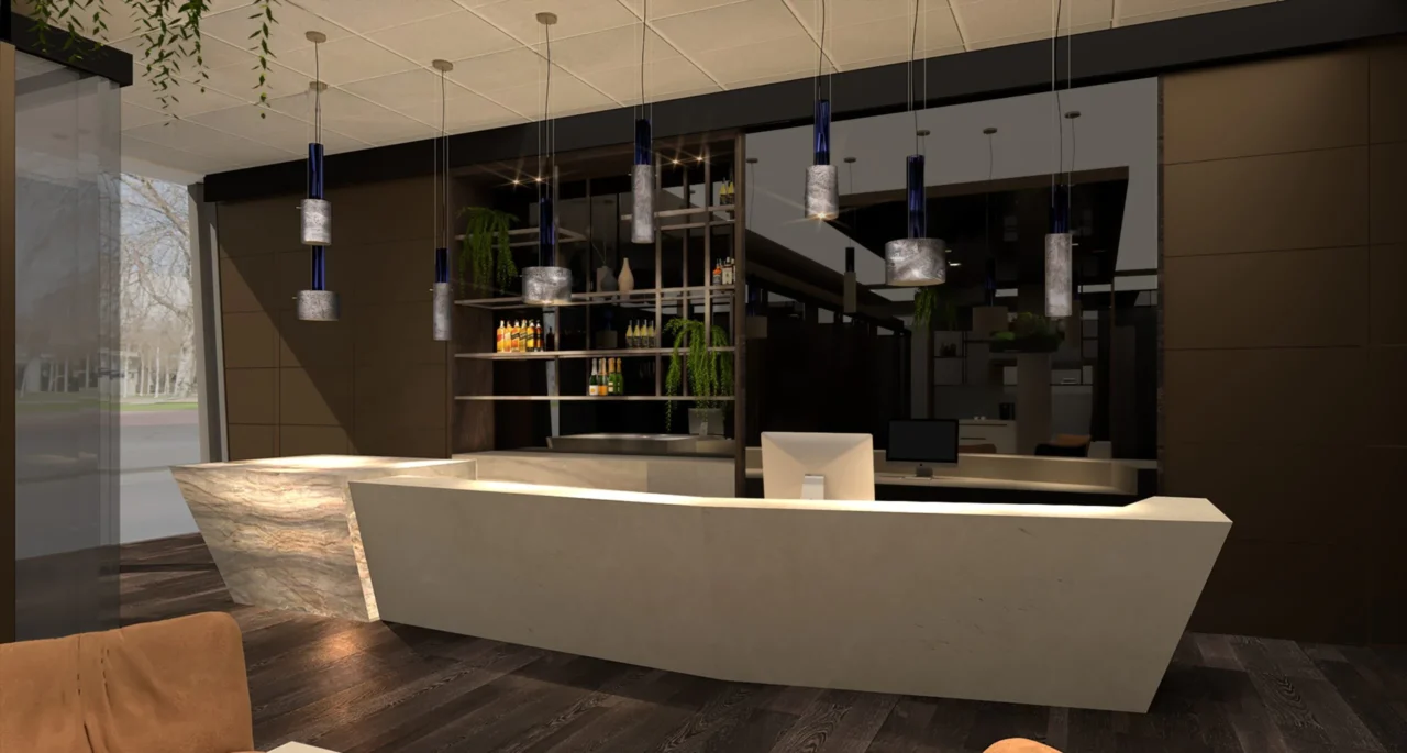 Luxe kantoorreceptie met een sculpturale marmeren balie, moderne hanglampen met blauwe accenten en een open bar op de achtergrond door ERIC KANT.