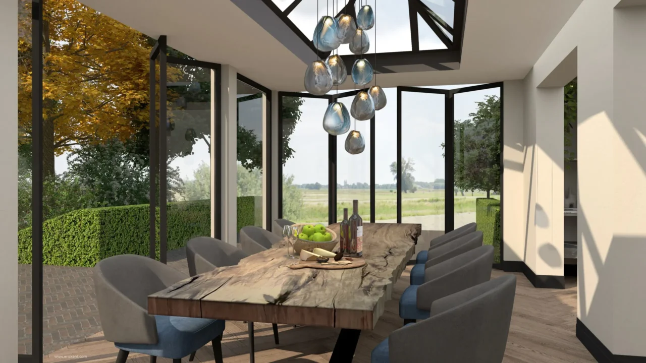 High-end eetkamer in project Countryside Villa met een massieve boomstamtafel, blauwe hanglampen van mondgeblazen glas en panoramisch uitzicht op het landschap door ERIC KANT.