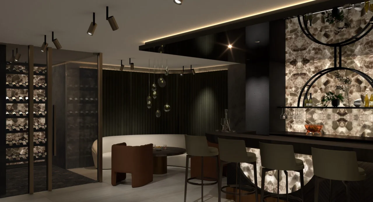 High-end bar en wijnkelder in Contemporary Design met backlit natuurstenen wanden, een halfronde bar met lederen krukken en een luxe loungehoek door ERIC KANT.
