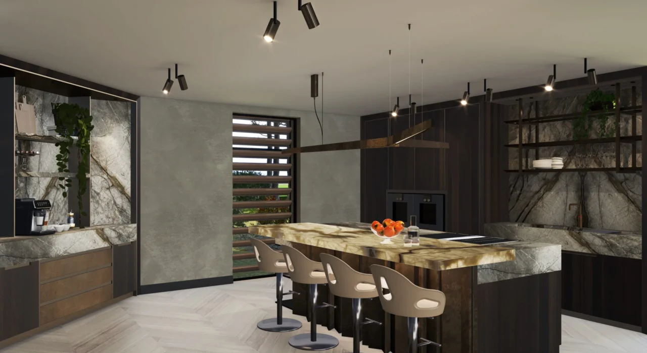 Luxe woonkeuken in Contemporary Design met een backlit marmeren kookeiland, donker houten maatwerk kasten en visgraatvloer door ERIC KANT.