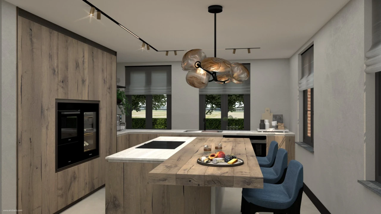Luxe woonkeuken in Contemporary Design met een backlit marmeren kookeiland, donker houten maatwerk kasten en visgraatvloer door ERIC KANT.
