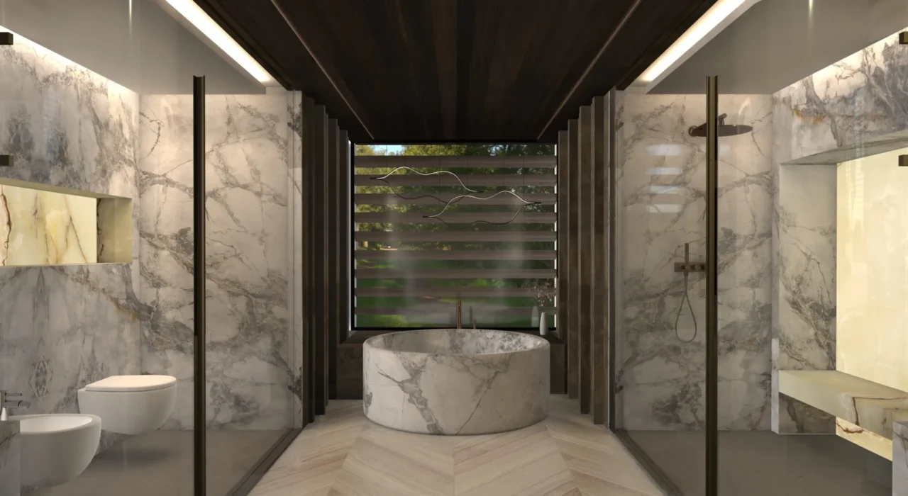 High-end badkamer in Contemporary Design met een centraal rond marmeren bad, wanden van geaderd marmer, een houten lamellenplafond en visgraatvloer door ERIC KANT.