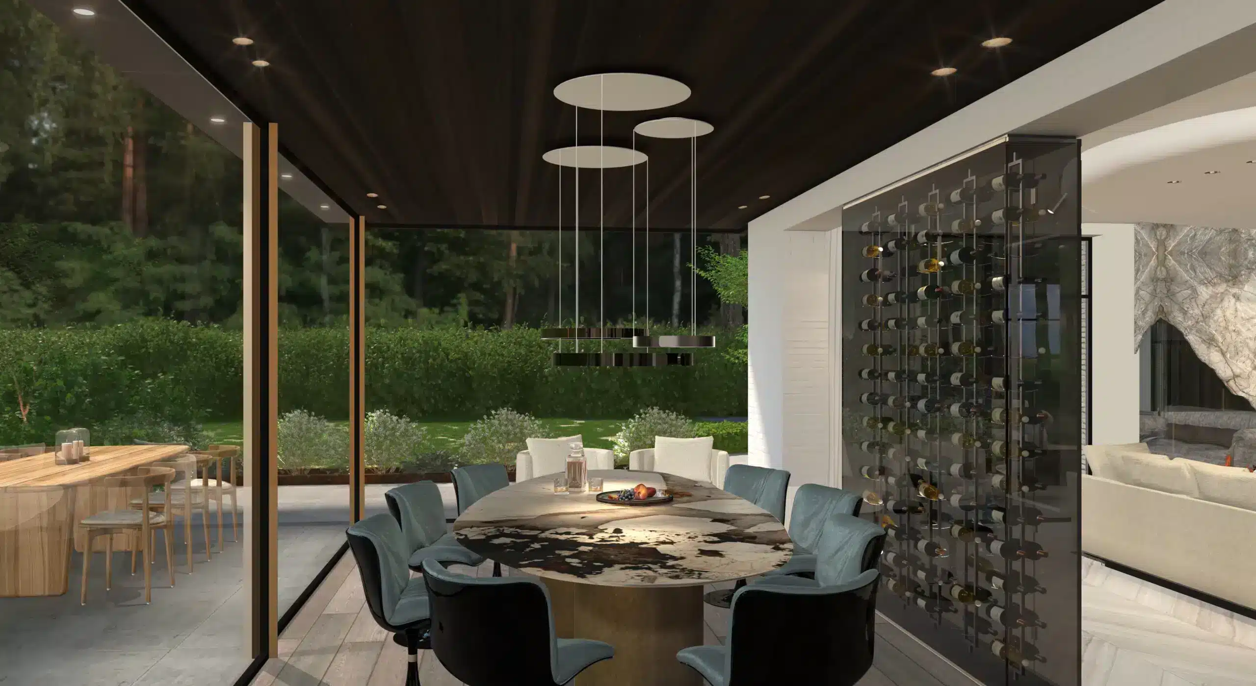 High-end eetkamer in Contemporary Design met een ovale marmeren tafel, blauwe fluwelen stoelen, een kamerhoge glazen wijnkast en uitzicht op de tuin door ERIC KANT.
