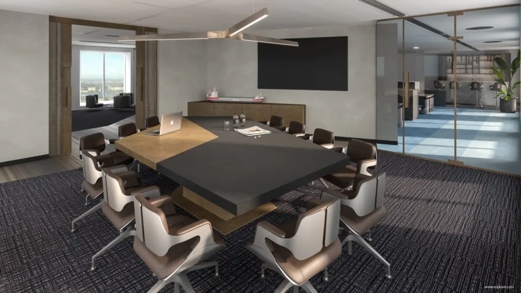 High-end boardroom in het Waterfront Workspaces project door ERIC KANT met een unieke asymmetrische vergadertafel, designstoelen, een moderne hanglamp en glazen wanden met zicht op kantoorruimtes.