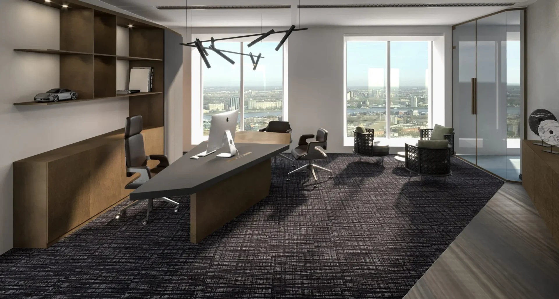 High-end directiekantoor in het Waterfront Workspaces project door ERIC KANT met een maatwerk bureau, design bureaustoel, moderne wandkasten en een panoramisch uitzicht over het water.