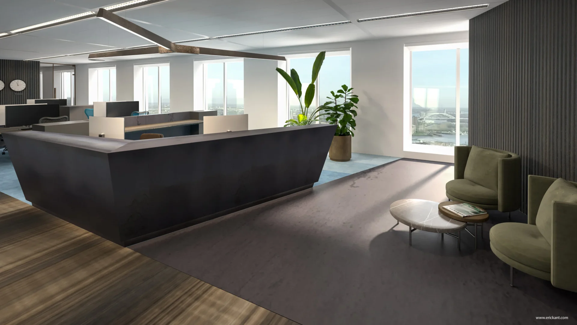 High-end ontvangstruimte in het Waterfront Workspaces project door ERIC KANT met een sculpturale donkere receptiebalie, luxe olijfgroene fauteuils en grote ramen met uitzicht op de stad.