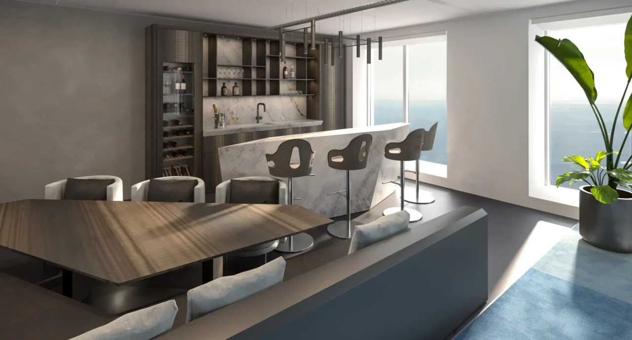 High-end bar en lounge in het Waterfront Workspaces project door ERIC KANT met een marmeren bar, moderne barkrukken, een wijnklimaatkast en panoramisch uitzicht over de oceaan.