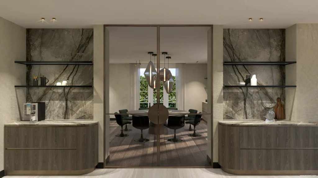 High-end interieur van project Luxury Al Fresco met een bronzen glazen taatsdeur, geflankeerd door maatwerk dressoirs van donker eikenhout en marmeren wandpanelen door ERIC KANT.