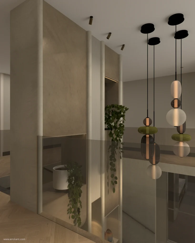 High-end interieur van project Luxury Al Fresco met een lichte vide, glazen balustrade, organische design-hanglampen en zandkleurige wandafwerking door ERIC KANT.