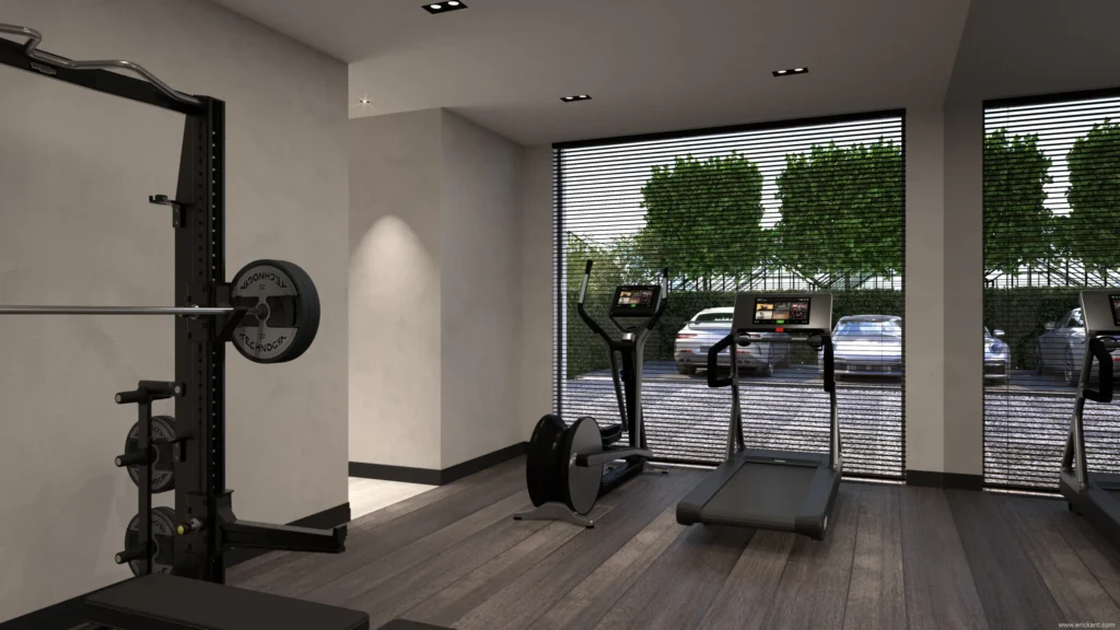 High-end fitnessruimte in project Luxury Al Fresco met Technogym apparatuur, een donkere houten vloer, zwarte lamellen en zicht op de luxe oprit door ERIC KANT.