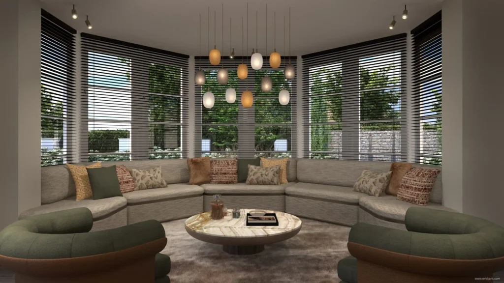 High-end interieur van project Luxury Al Fresco met een halfronde modulaire bank, kleurrijke sierkussens, een marmeren salontafel, unieke design-verlichting en grote raampartijen door ERIC KANT.