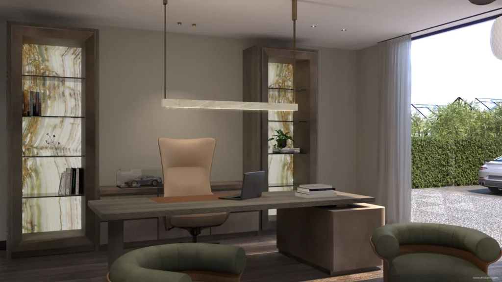 High-end werkkamer in project Luxury Al Fresco met een robuust houten bureau, lederen bureaustoel, verlichte onyx nissen en een minimalistische lineaire hanglamp door ERIC KANT.