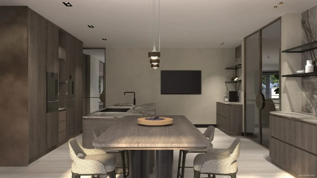 Luxe keukeninterieur van project Luxury Al Fresco met een marmeren kookeiland, geïntegreerde eikenhouten eettafel, moderne inbouwapparatuur en taatsdeuren door ERIC KANT.