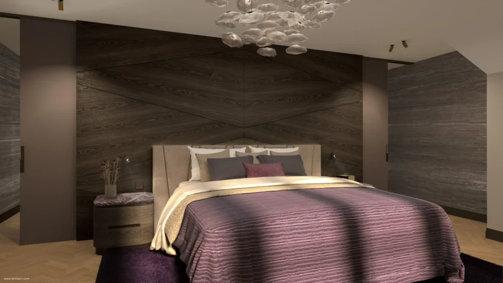 High-end slaapkamerinterieur van project Luxury Al Fresco met een kamerbreed houten hoofdbord in ruitpatroon, paars textiel, een glazen design-kroonluchter en visgraatvloer door ERIC KANT.